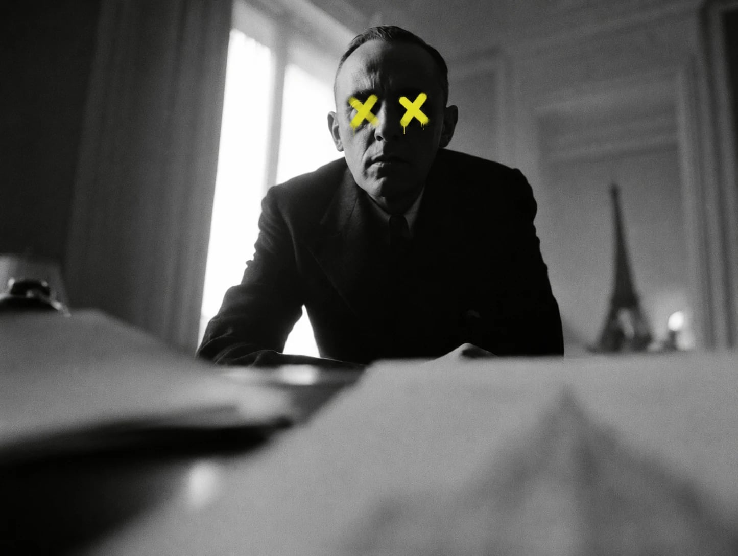 Victor Lustig at his desk with yellow crosses over his eyes and the Eiffel Tower behind him